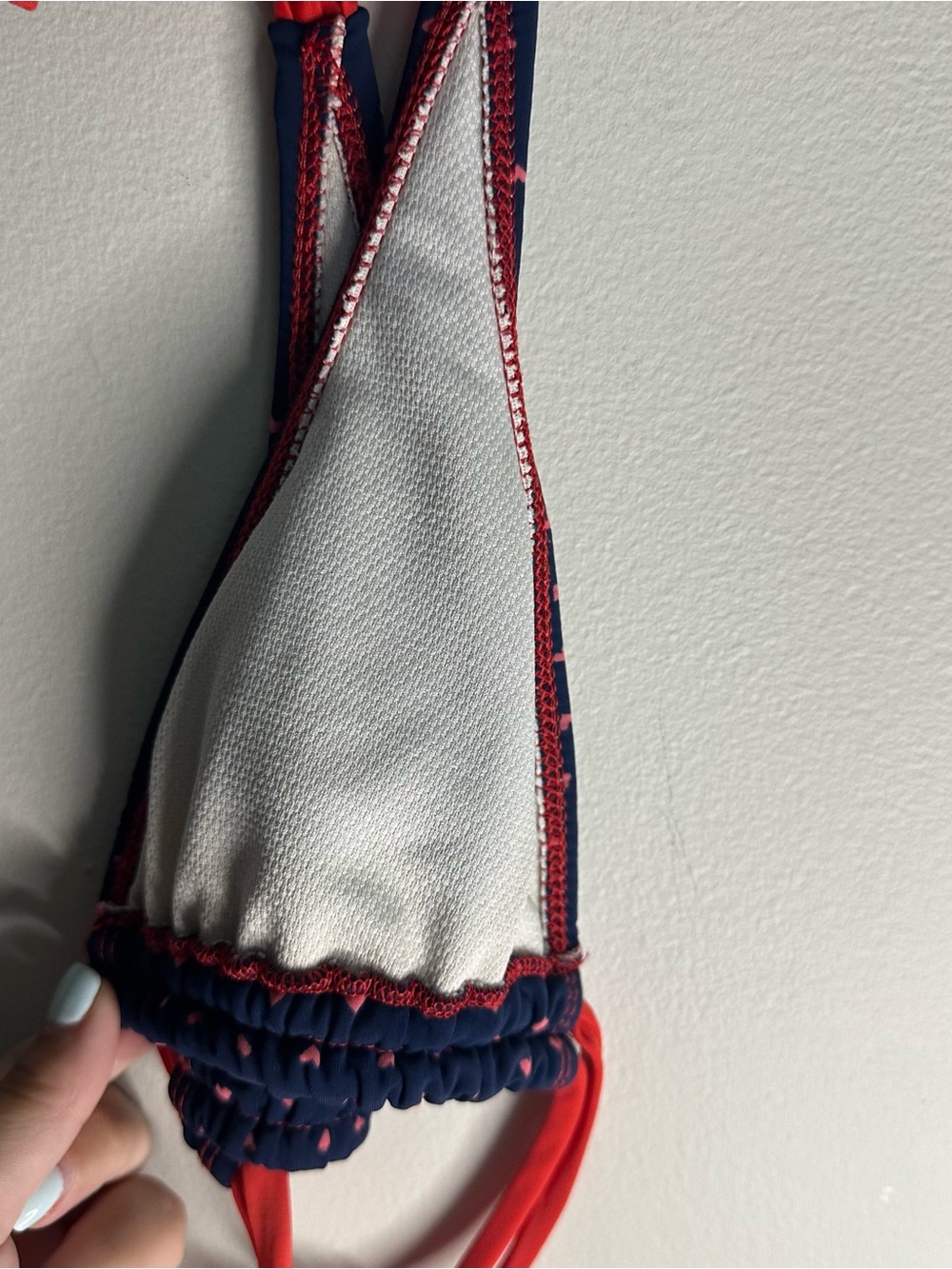 Vintage Navy Bikini Top with Pink Heart Print and Red Ties - Picture 8 of 10